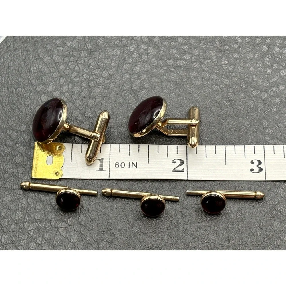 Vintage Swank Deep Red Cabochon Cufflinks Shirt Studs Cuff Buttons Gold Tone Set